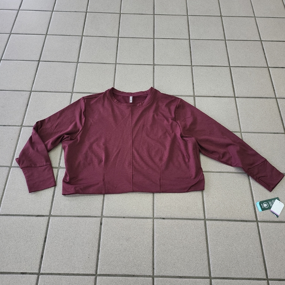 NWT Women's 1X MTA Sports Maroon Long Sleeve Crewneck Crop Active Top Fast Dri